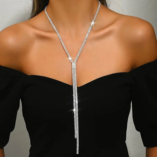 Silver V-Shape Rhinestone Necklace