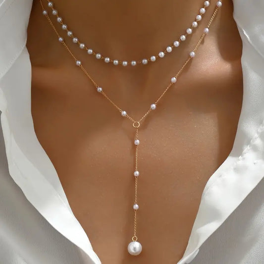 Double Layer Faux Pearl Tassel Necklace